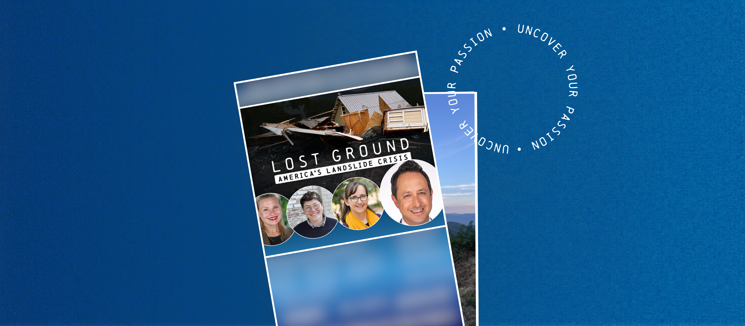 Blue event poster with speaker photos