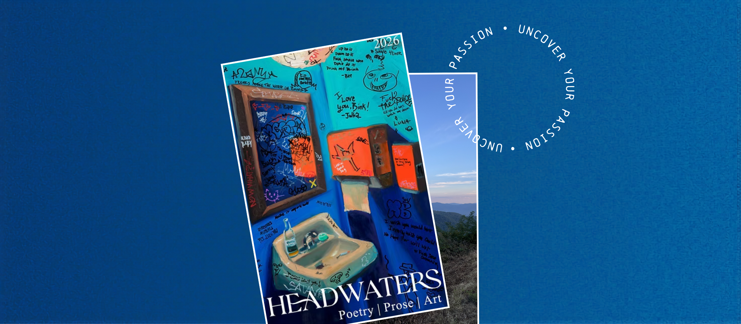 Event poster with blue background and magazine cover