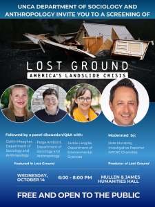 "Lost Ground: America's Landslide Crisis" Film Screening 1 Blue event poster with speaker photos and names